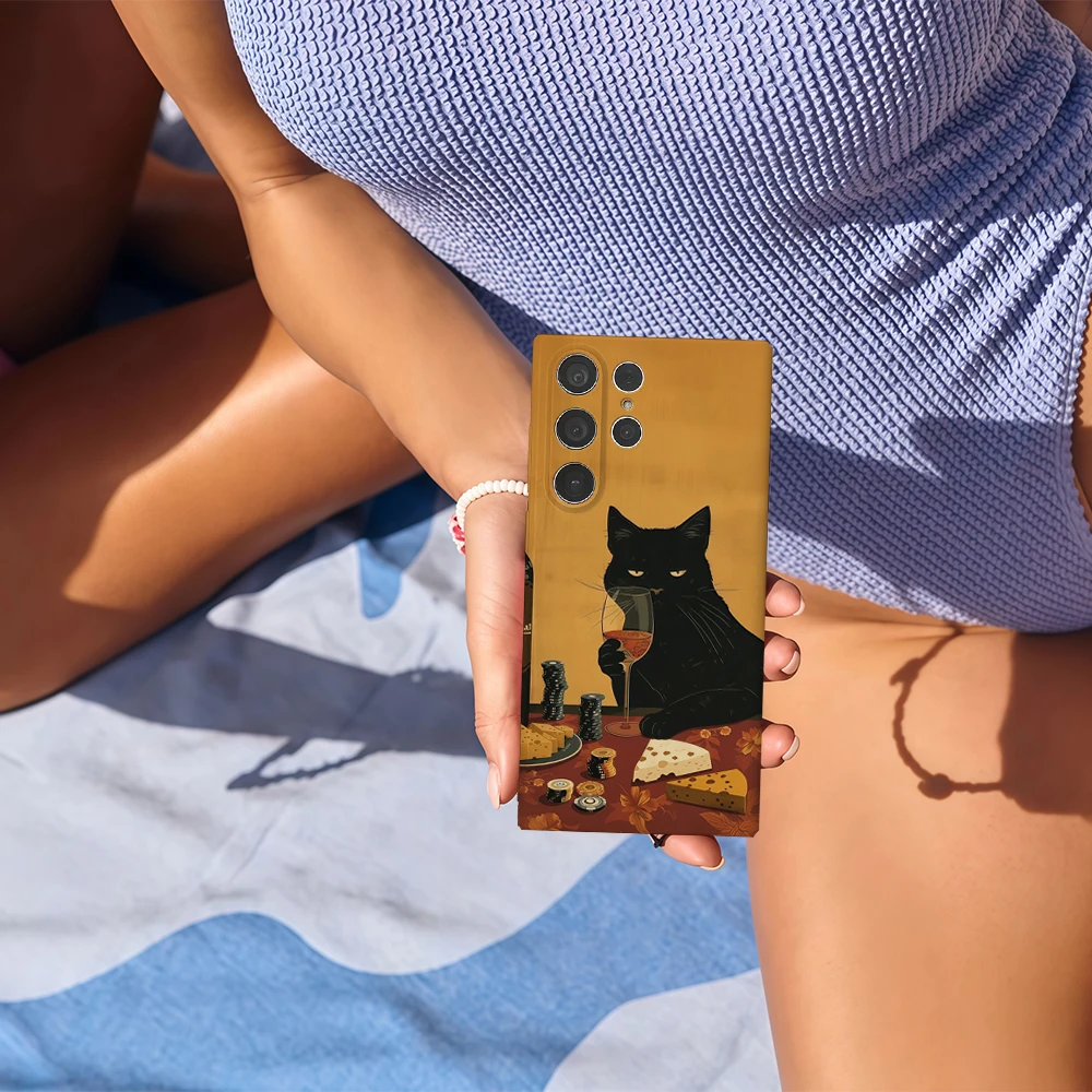النبيذ والجبن القط قضية الهاتف لسامسونج غالاكسي S25 S24 S23 الترا زائد A35 A55 لامعة HD الغلاف الصلب فيلم قذيفة