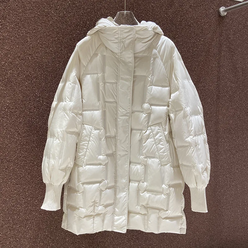 เสื้อโค้ทกันหนาวสำหรับผู้หญิง แจ็คเก็ตขนเป็ดสีขาว หมวกถักแบบถอดได้ ยาว อุ่น เรียบง่าย สบาย ลำลอง ไม่ซ้ำใคร อเนกประสงค์