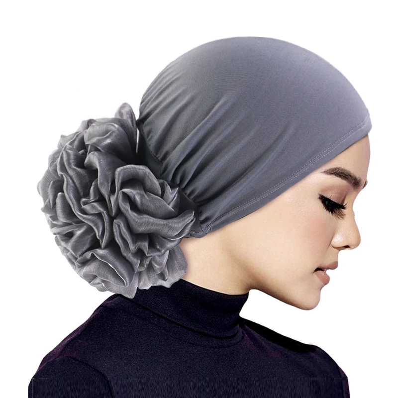 Women\'s Hijabs Turban Big Flower Elastic Cloth Hair Bands Hat Beanie Ladies Muslim Solid Hair Loss Scarf Cap Hair Accessories