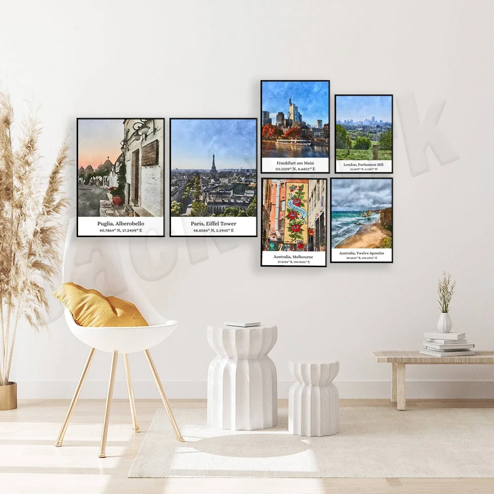 Sydney, Melbourne, Rome, Australia Twelve Apostles, Puglia Alberobello, London, Frankfurt, Colosseum watercolor travel poster