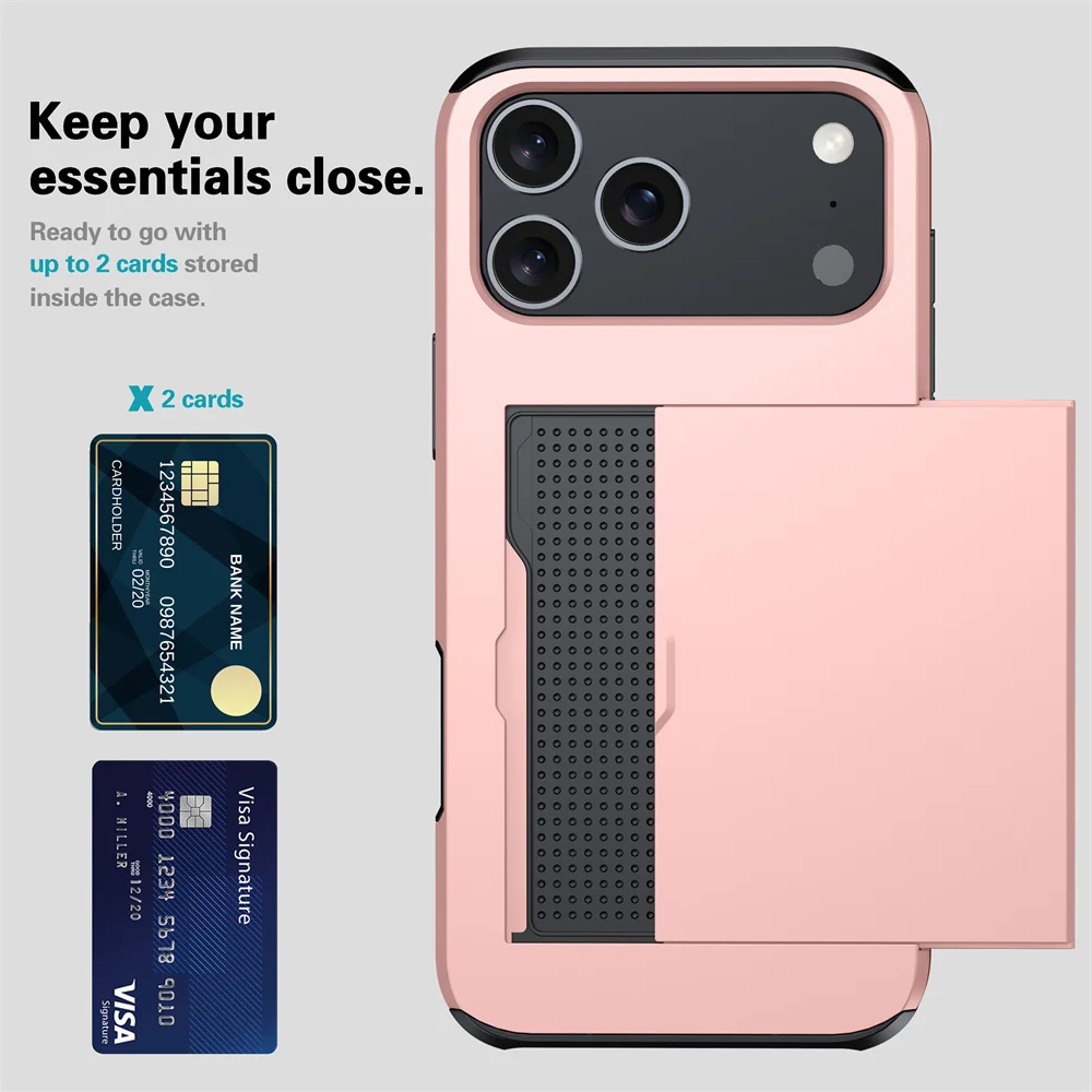 Robuste Handyhülle für iPhone 18 17 16 Plus 15 Pro 15 14 13 12 11 Pro Max mit Brieftaschen-Kartenhalter und Schiebeverschluss aus hartem PC-Schutzmaterial – Detail 20