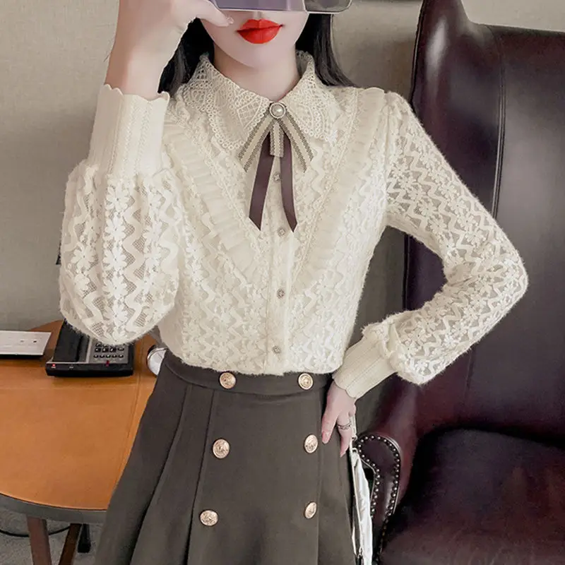 Spring Autumn Lace Patchwork Bottoming Shirt Women New Clothing Fashion Loose Buttons Elegant All-match Long Sleeve Tops Trend