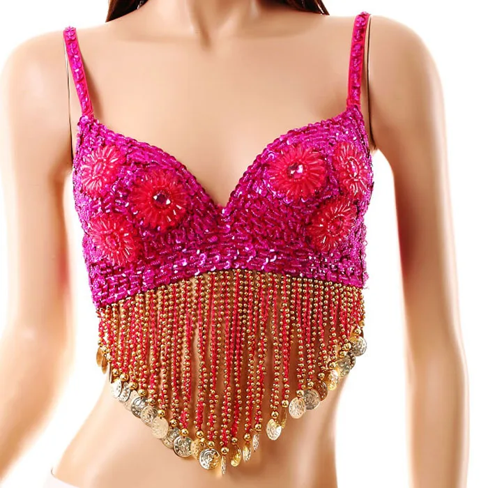 Women's Sexy Brilliant Beads Dancing Flowers Belly Dance Bras 34/75c Free Shipping