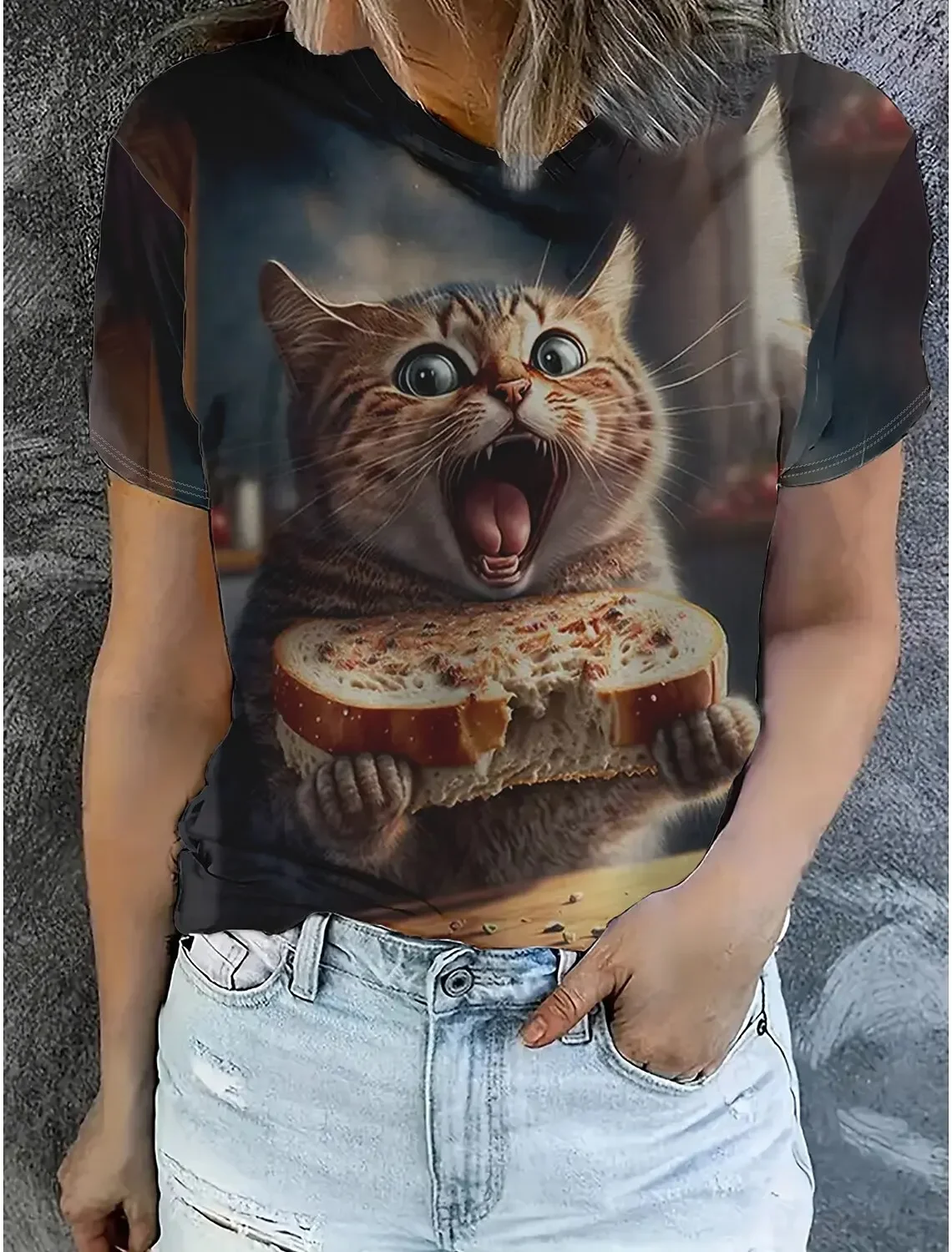 

Plus Size Fashion Women's Animal T Shirt Stylish Kawaii Cat Printed Casual Short Sleeve Crew Neck Tees Round Neck Regular Tops