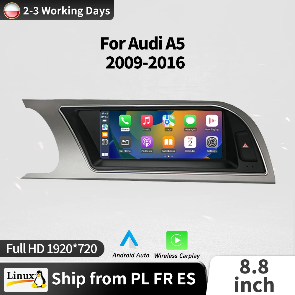 Pantalla multimedia para coche con sistema Linux de 8.8 pulgadas para Audi A5 2009-2016, con BT, Carplay inalámbrico, Android Auto, Autolink y Airplay. 1