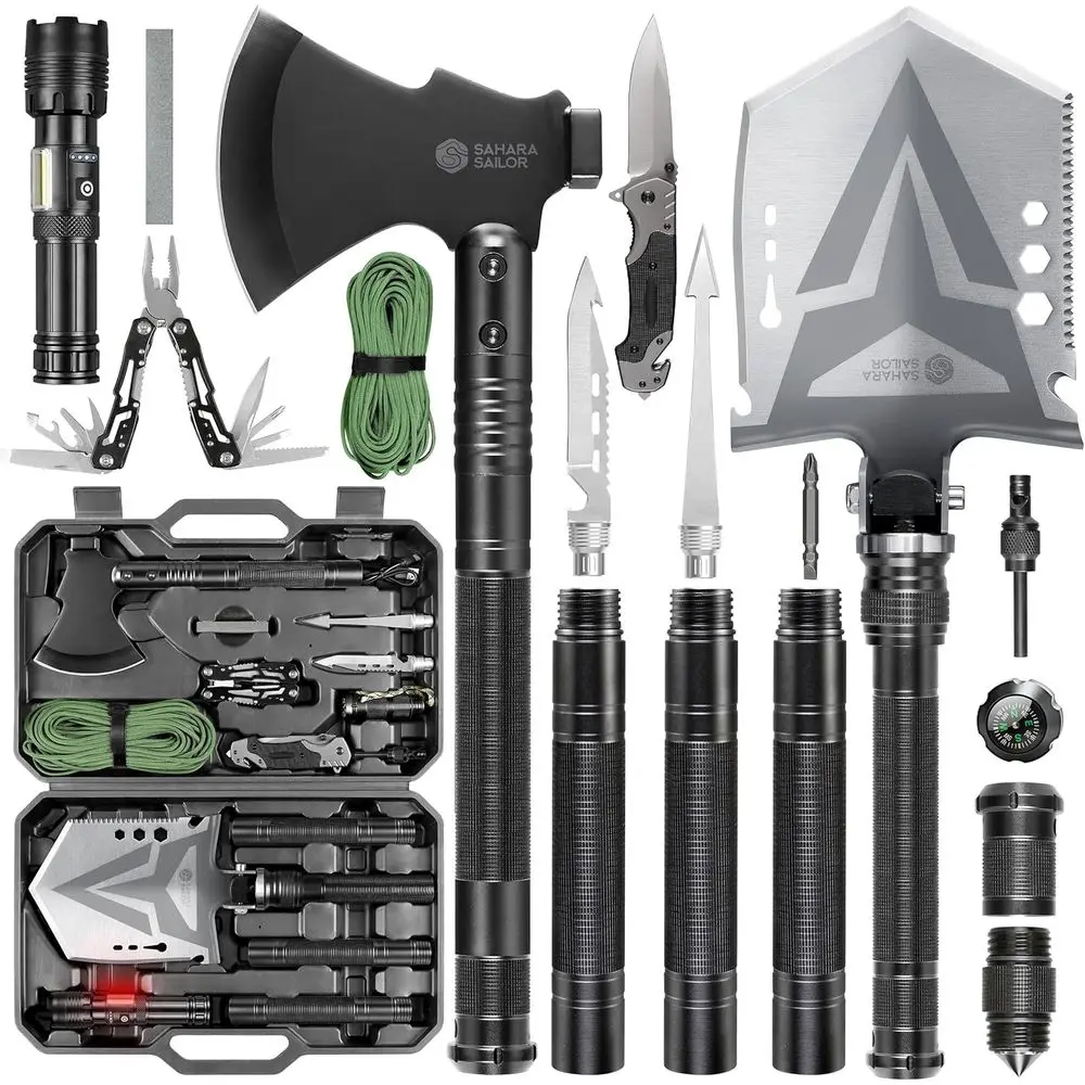 

Multipurpose Survival Shovel Kit with Paracord, Dual-Color Flashlight, Whetstone for Outdoor Adventures