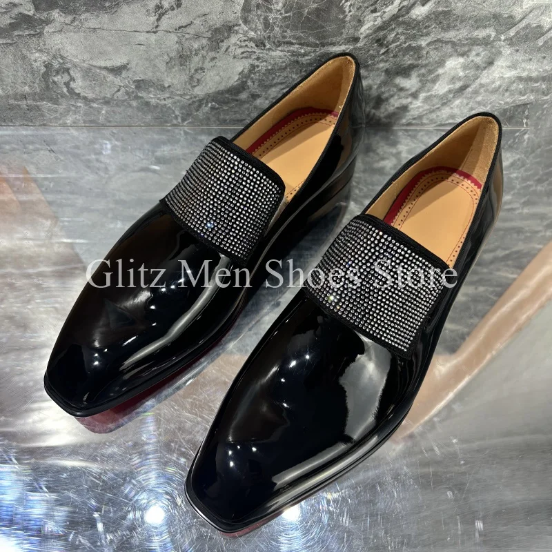 New Rhinestone Black Leather Shoes Glossy Small Square Toe Loafers Business Dress Men\'s Leather Shoes Formal Wedding Shoes