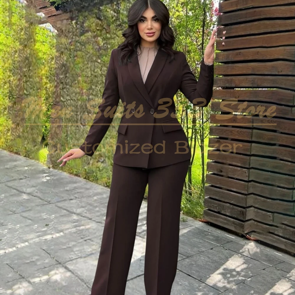 

High Quality Brown Women's Suits Fashion Double Breasted Peak Lapel Slim Fit 2 Piece Jacket Pants Sets Customzied Blazer