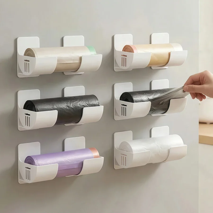 4-Pack No Drill Garbage Bag Holder Storage Rack Adjustable Kitchen Cabinet Door Organizer Plastic Wrap Dispenser Wall Mounted