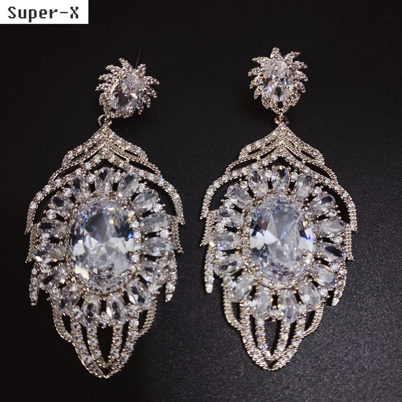 

large earrings for women white cubic zirconia luxury jewelry wedding bride evening party sparkling silver color large feather