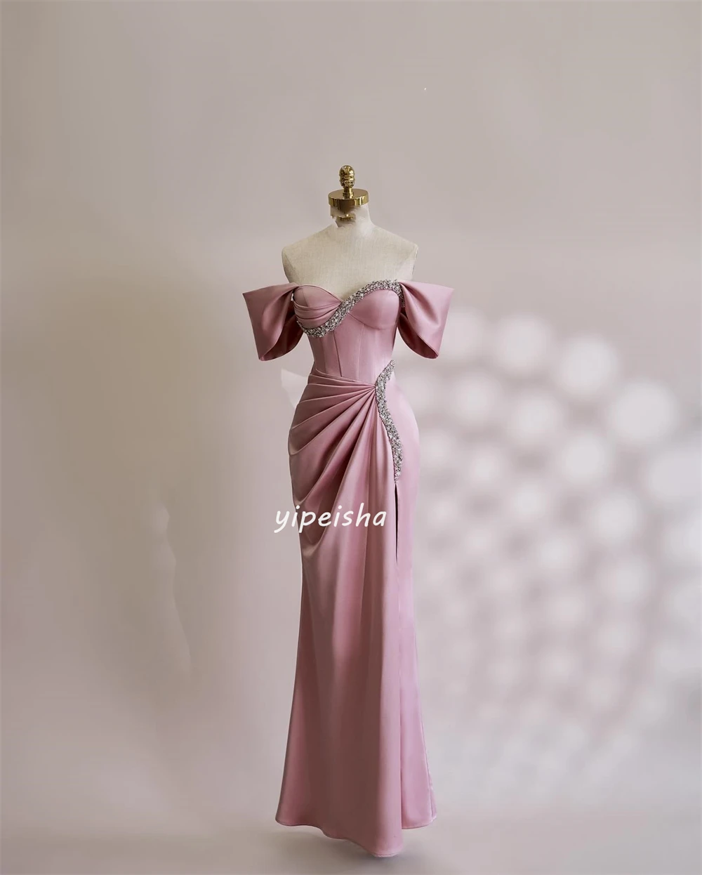 Customized Classic Jersey Sequined Pleat Ruched Rhinestone A-line Off-the-shoulder Sweetheart Midi Dresses Evening Dresses Exqui