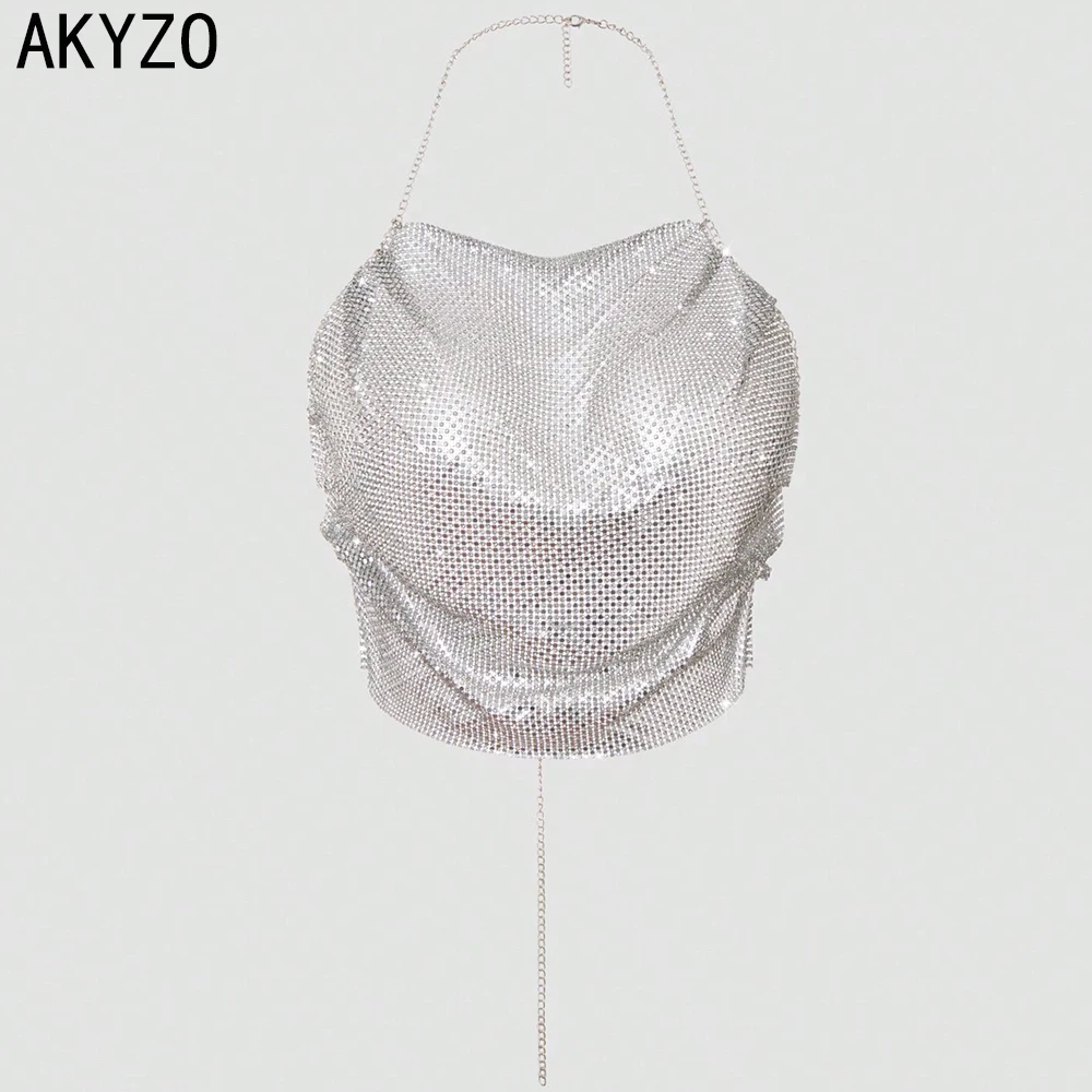 

Летний пикантный Топ AKYZO с открытой спиной и бретелькой через шею, с украшением, без бретелек, с цепочкой