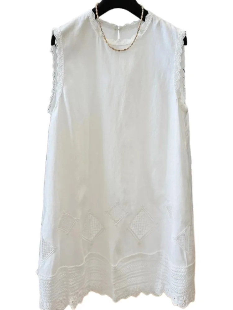 Vestido camisero de encaje de verano de gran tamaño para mujer, vestido sin mangas a la moda para mujer, Vestidos holgados Retro de Color contrastante para mujer