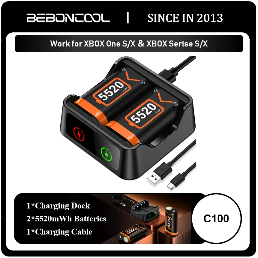 BEBONCOOL C100 2*5520 mWh Rechargable Batteries Pack For XBOX Serise S/X and XBOX ONE S/X/Elite With＆ Chaging Cable