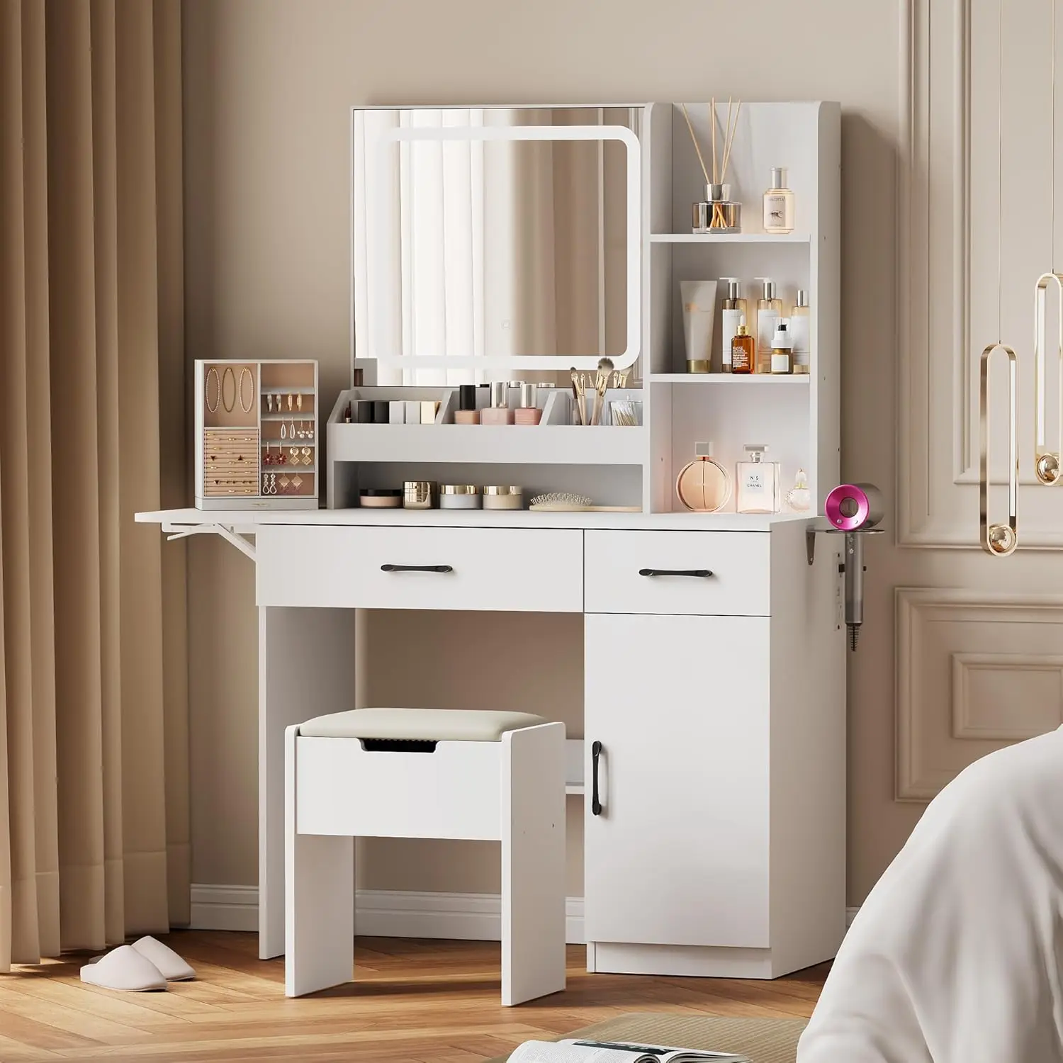 

Vanity Desk with Mirror and Light, Makeup with Charging Station & Storage Stool, Vanity Table with 3 Drawers & 7 Open Shelves