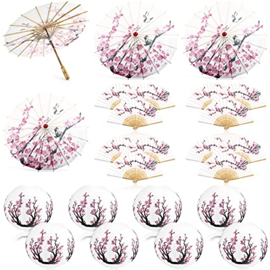 Roowest - Juego de 24 Decoraciones de Flores de Cerezo Japonesas, Decoraciones de Año Nuevo Chino, 4 Sombrillas de Papel Encerado, 8 Faroles de Papel Japonés
