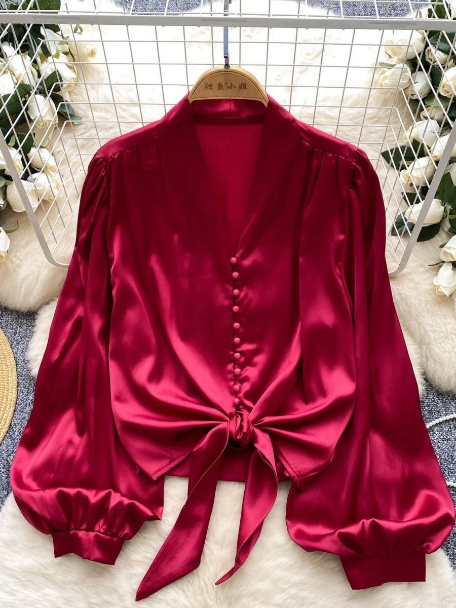 

Casual Loose Sle irt V-Ne Lantern Sve Tie Waist Slimming Design Faionable Bopne Top for Women Polyester Material