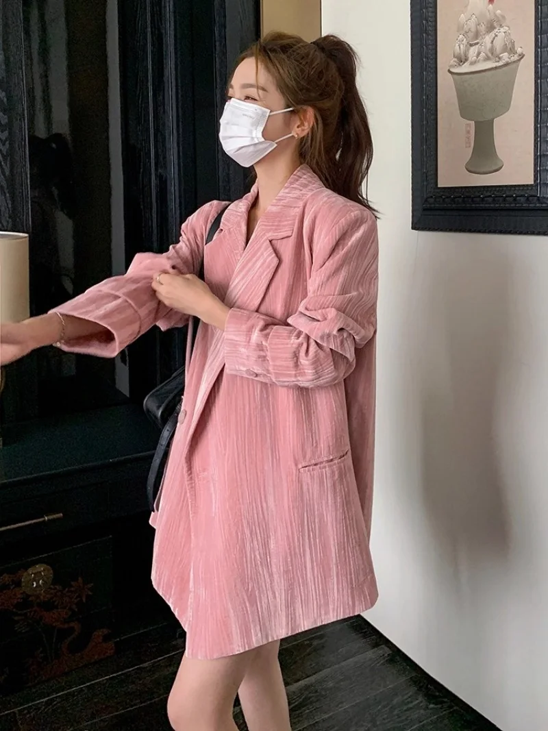 Premium Design Pink Gold Velvet Suit Jacket For Women Spring And Autumn Korean Loose Casual Blazer Outerwear W414