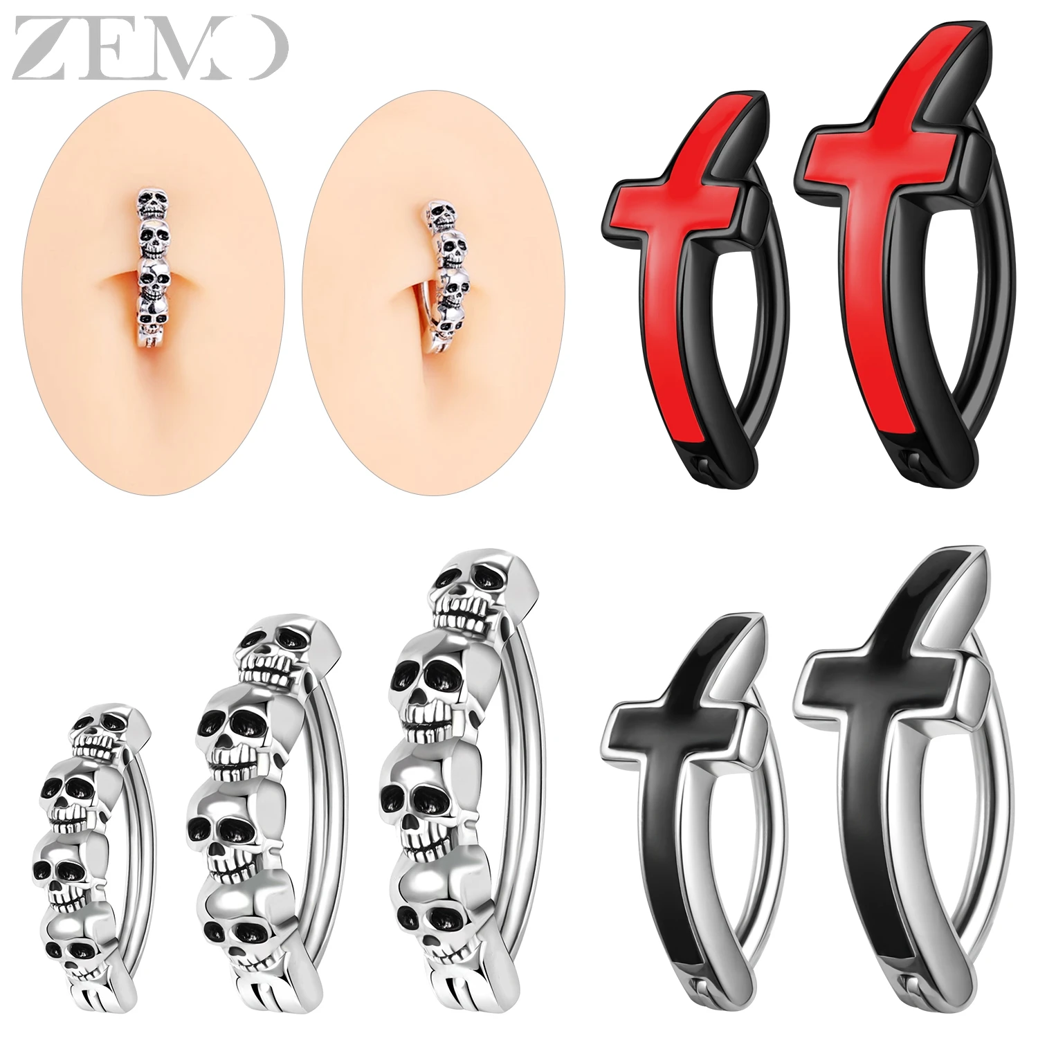 

ZEMO 1 PC 14/16G Punk 925 Sterling Silver Belly Button Rings Women Men Navel Ring Skull Cross Shape Belly Piercings Body Jewelry