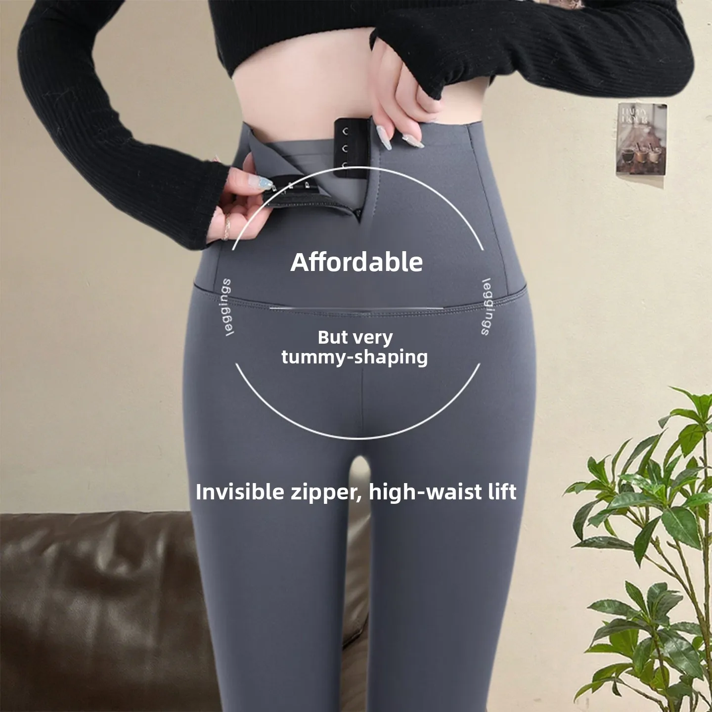 

Women's High-Waist Fce-Lined Thiened Yoga Pants arkskin Tightening Belly Zipper Design Autumn Winter Outerwear