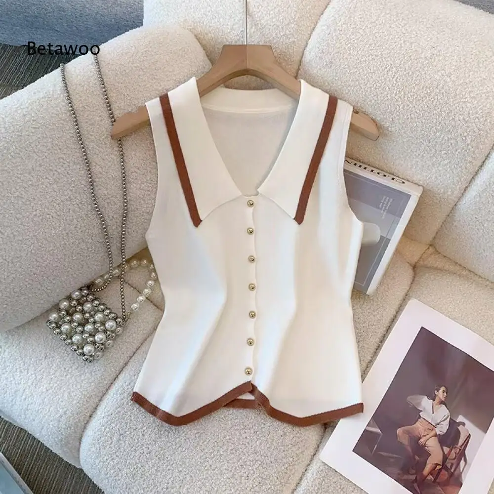 Contrast Binding Lapel Sleeveless Gold Button Slim Fit Knit Vest