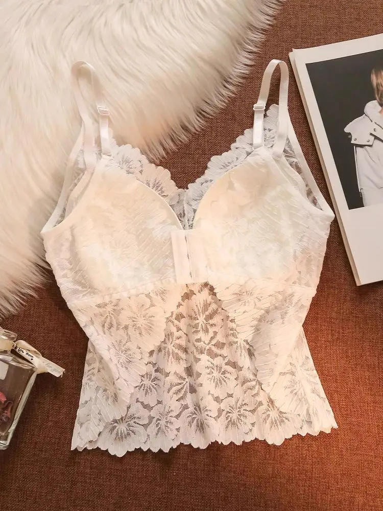 توب نسائي صيفي مثير بحمالات دانتيل أبيض، ملابس داخلية نسائية قطعة واحدة مع حمالة صدر مدمجة