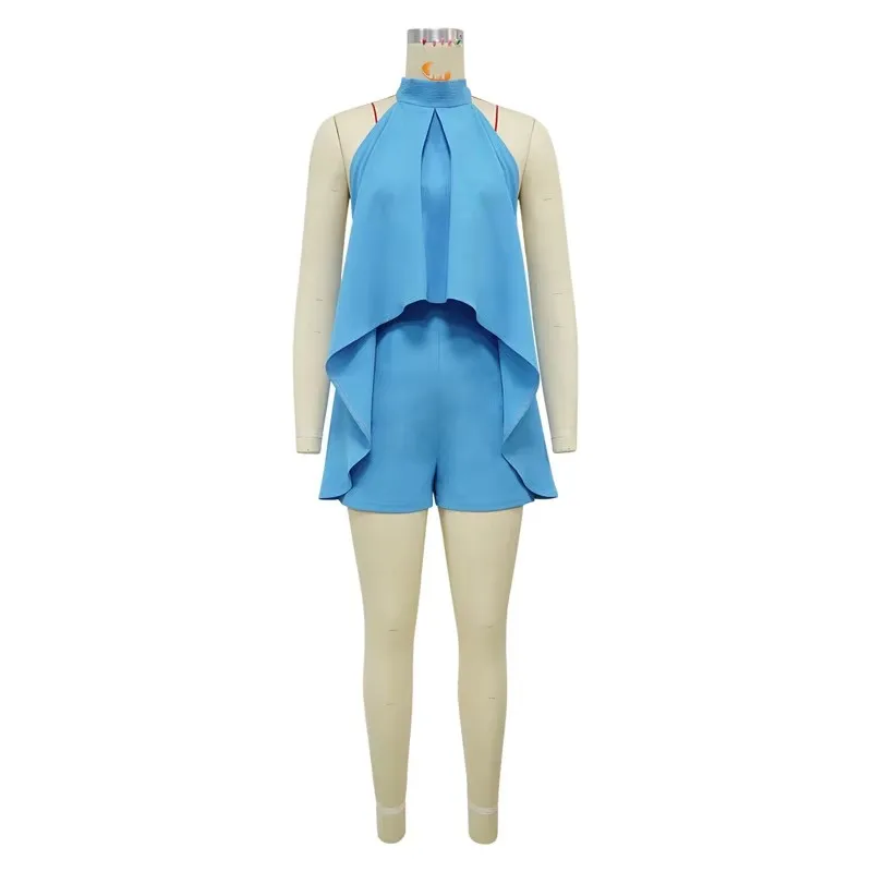 

Women's Blue Sexy Halter Rompers 2026 Summer Fashion Sleeveless Open Back Ruffle Flare Jumpsuits for Beach Vacation Club Outfits