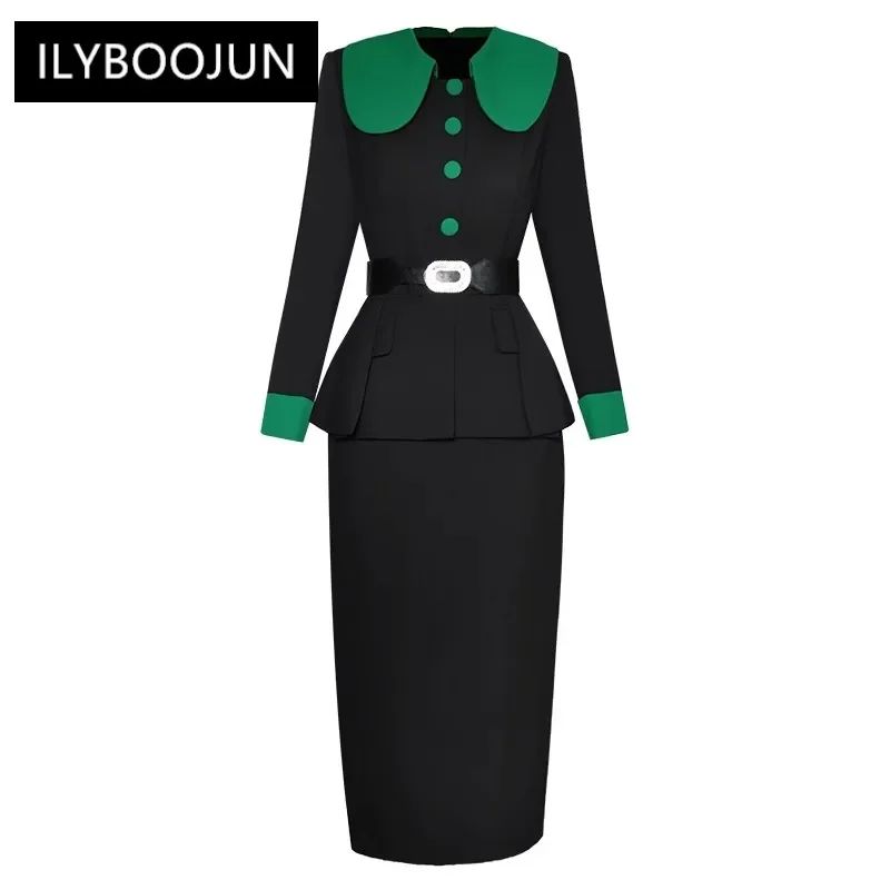 

Autumn Pencil Dress Women Peter pan Collar Long Sleeve Contrasting Colors Patchwork Crystal Belt Office Lady Dresses For Women