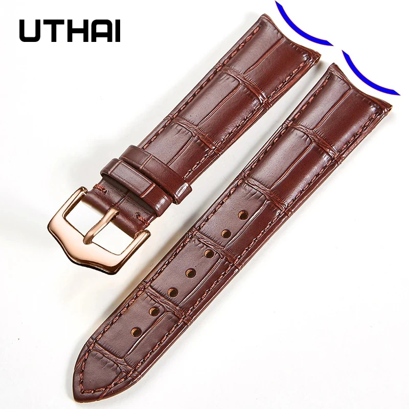 UTHAI F09  Leather Watchband Curved Interface Bamboo Pattern Buckle Business 19mm 20mm 21mm 22mm 24mm Retro Watch Strap