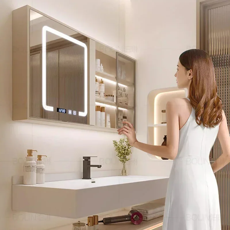 c13-Nordic Cream Style Bathroom Cabinets Wall-mounted Design Vanity Storage Smart Mirror Cabinets Home Furniture Muebles BanoC