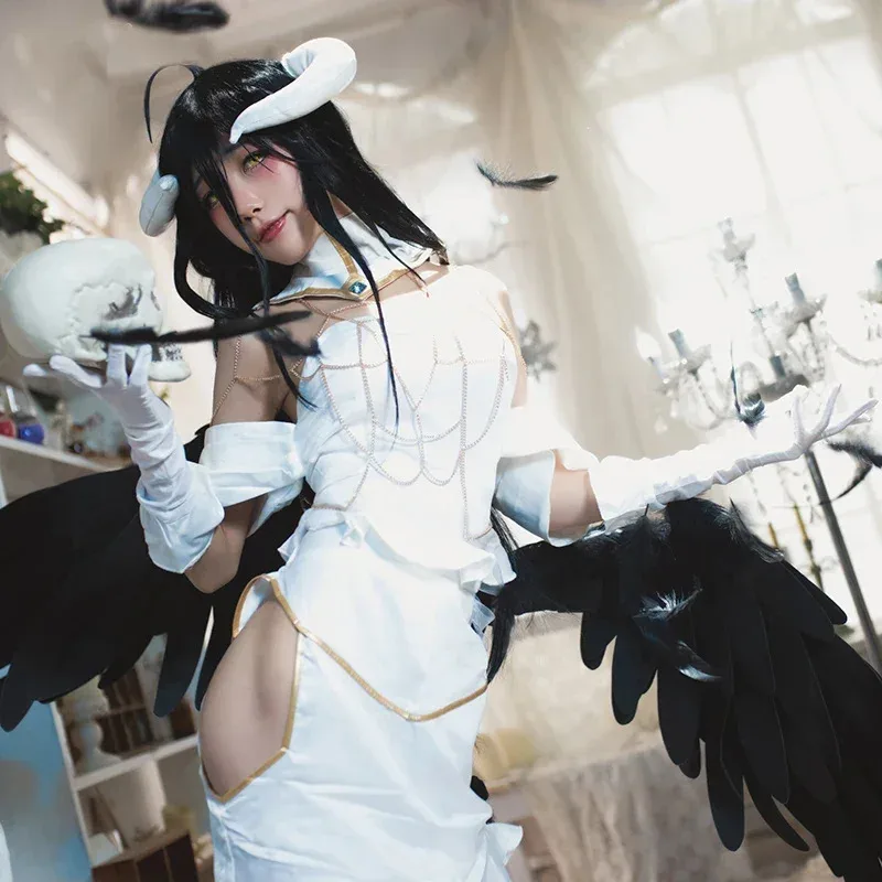 

New Anime Overlord Albedo Cosplay Costumes White Dress Black Purple Straight Wig Halloween Party Wing Headwear Women Skirt Fu DK