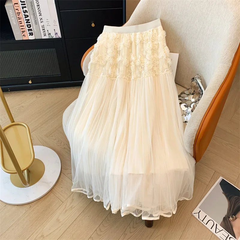 Three-dimensional Flower Mesh Skirts Women's 2025 Spring Autumn Fashion High Waist Big Swing Gauze A-line Pleated Long Skirt y2k