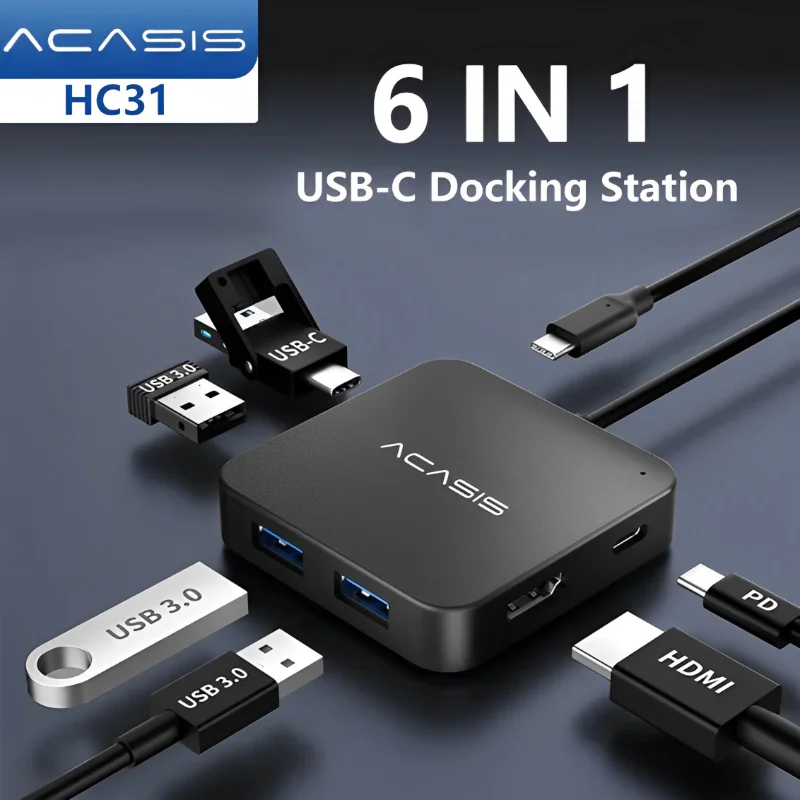 Acasis HC31 6 in 1 Docking Station 5Gbps 4K 30Hz USB-C Hub 100W PD 3 USB 3.0 Ports HDMI Adapter Portable Smart Chip Protection