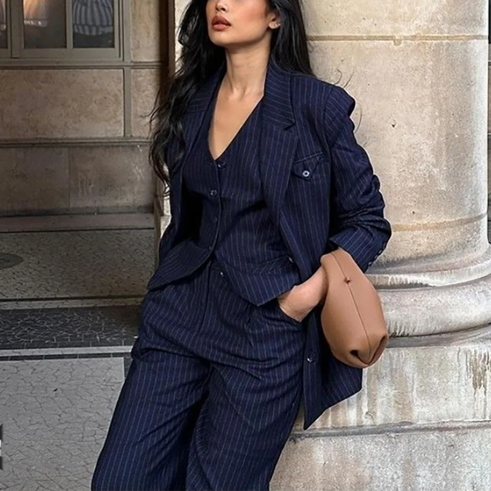 Tailor-Made Striped Suit For Women High Quality Peaked Lapel Single Breasted Three Piece Business Office Lady Formal Outfit