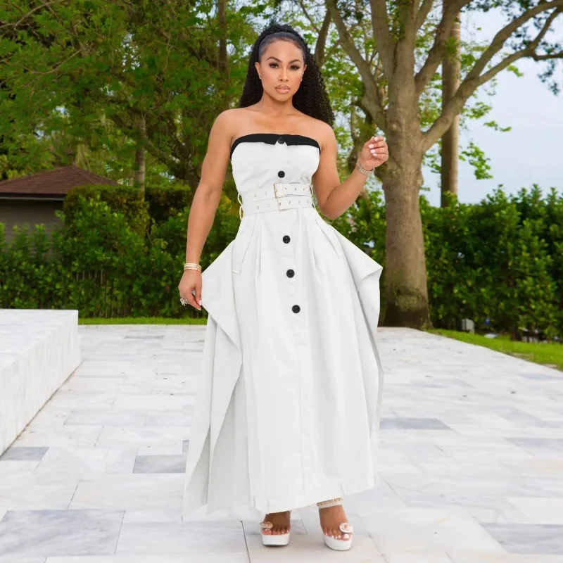 

Осень 2023, однобортное лоскутное элегантное платье без бретелек, женское повседневное платье без рукавов с открытыми плечами и поясом, кружевное уличное платье