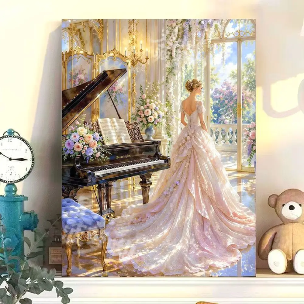 DIY Number Painting Music Girl Pattern Oil Art Kit Framed Canvas Wall Hanging Stress Relief Craft Hobby Supplies Set