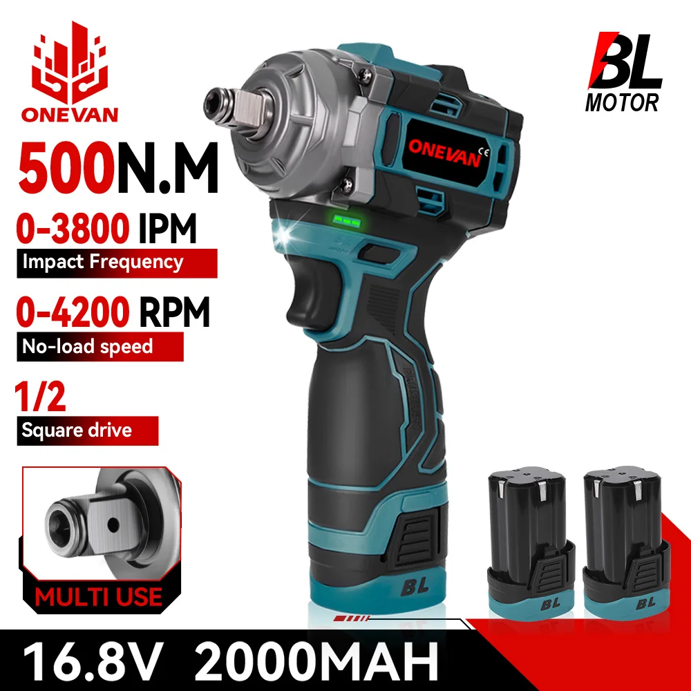 ONEVAN 500N.M Llave de impacto eléctrica sin escobillas 1/2 pulgadas llave inalámbrica 3 en 1 destornillador taladro herramienta eléctrica de batería de iones de litio