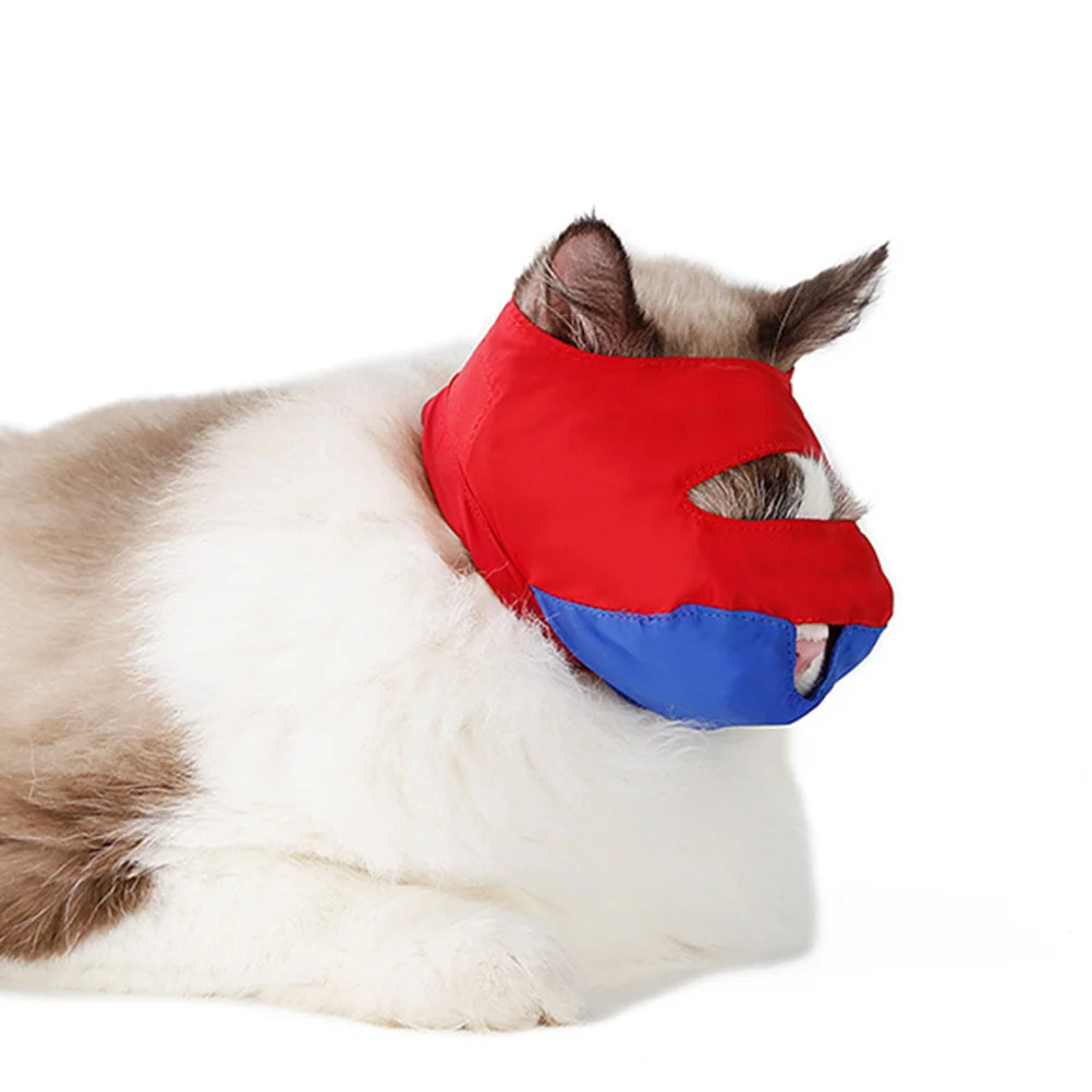 

Anti Bite Cat Muzzle Red Blue Nylon Fabric For Bath Grooming Travel Treatment Eye Nose Ear Cleaning Pet Safety Tool