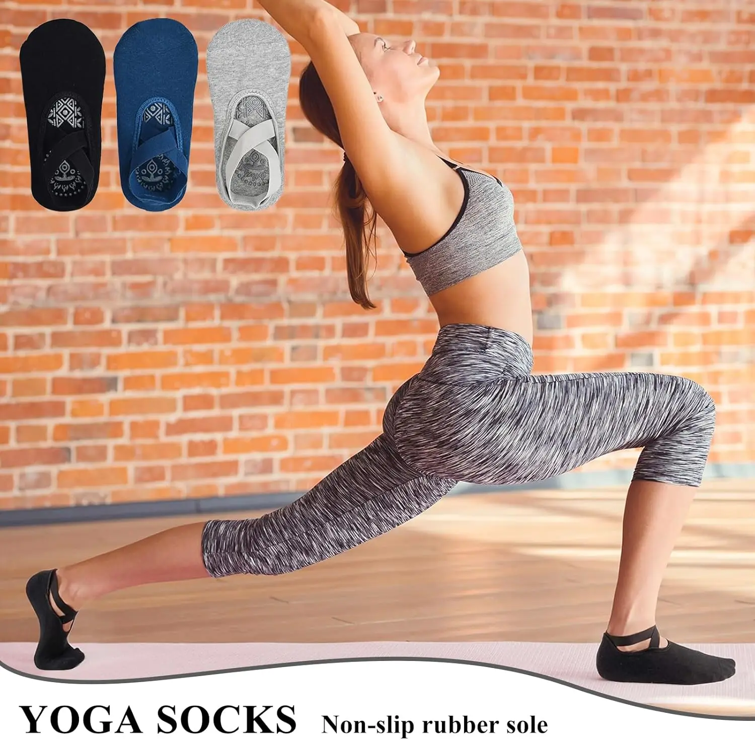 Yoga Socks for Women Non-Slip Grips Straps Bandage Cotton Sock Ideal for Pilates Pure Barre Ballet Dance Barefoot Workout