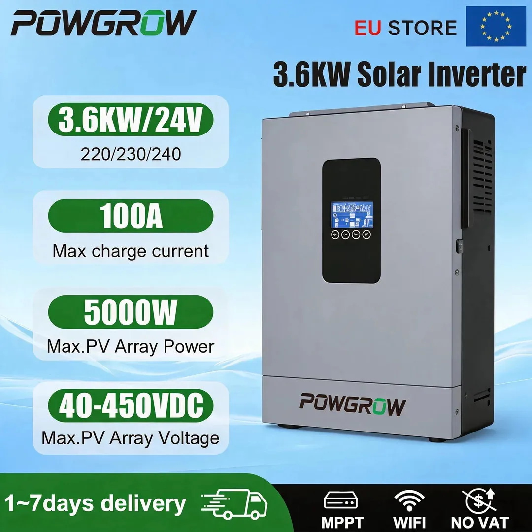 POWGROW 3.6KW 24V Off Grid Hybrid Solar Inverter 230VAC 5000W PV 500VDC MPPT Charger 100A Pure Sine Wave Inversor Controller WIFI BMS