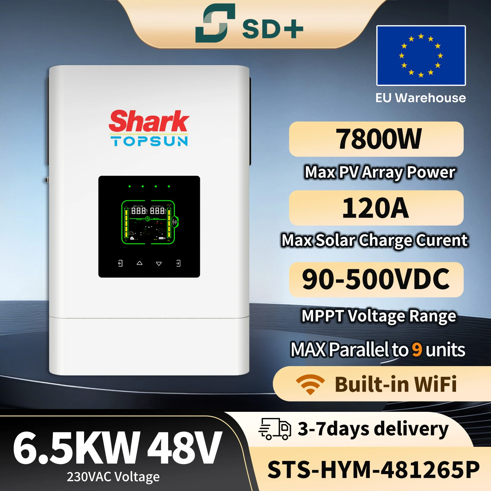 Invertisseurs solaires hybrides SANDISOLAR 6,5 kW 48 V 230 VAC MPPT 120 A Chargeur Max PV 500 VDC pour systèmes solaires, compatibles en parallèle, stock UE