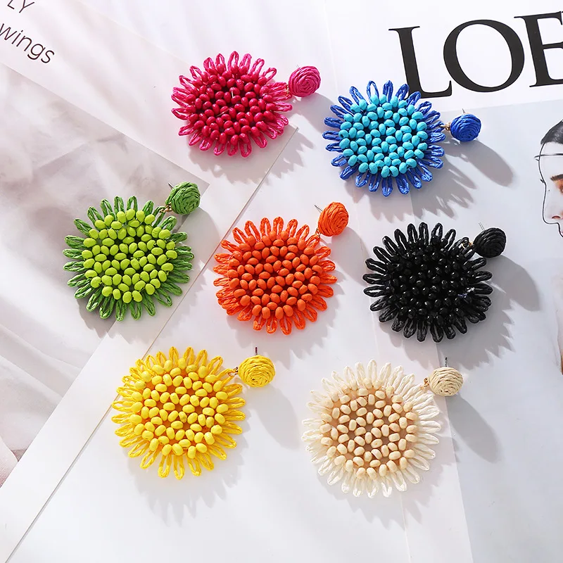 New Bohemian earrings women's raffia weaving exaggerated temperament earrings candy-colored pastoral earrings