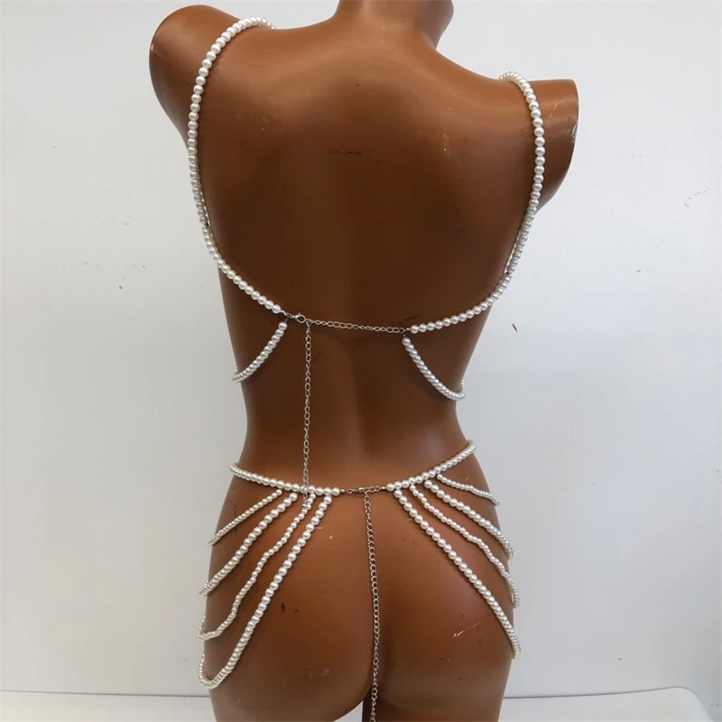 Damen Perlen-Körperkette 2-teiliges Set Schmuck Sexy Nachtclub Party Zweiteiliges Set Rave-Körperaccessoires für Damen Zweiteiliges Outfit – Detail 6