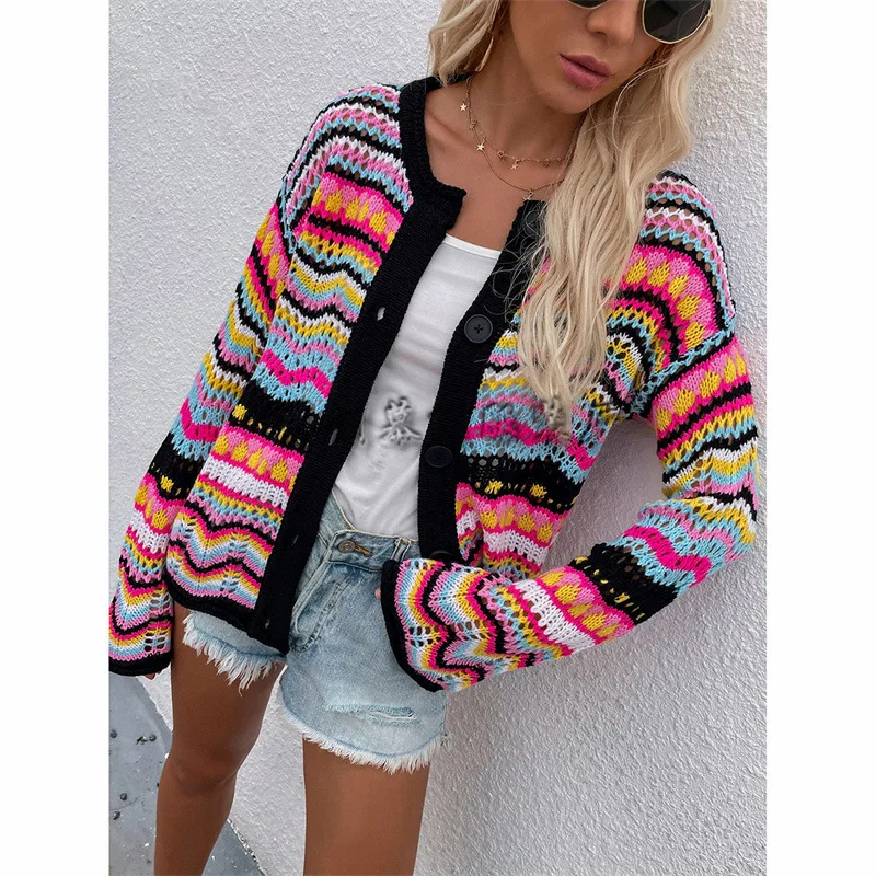 Women's Loose Rainbow Striped Sweater Spring 2026 Season Other Material 100% Ladies Cardigan Comfortable Soft Touch
