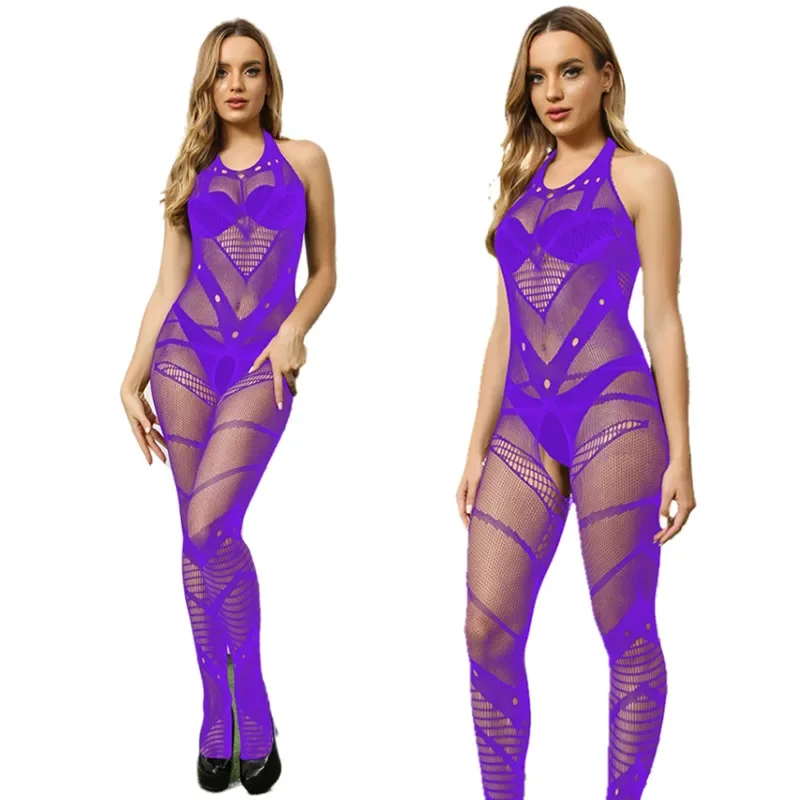 مثير شبكة صيد السمك الأرجواني Bodystockings الجنس للنساء المثيرة الملابس الداخلية مثير مفتوحة المنشعب الدمى داخلية الإناث فستان مثير جديد