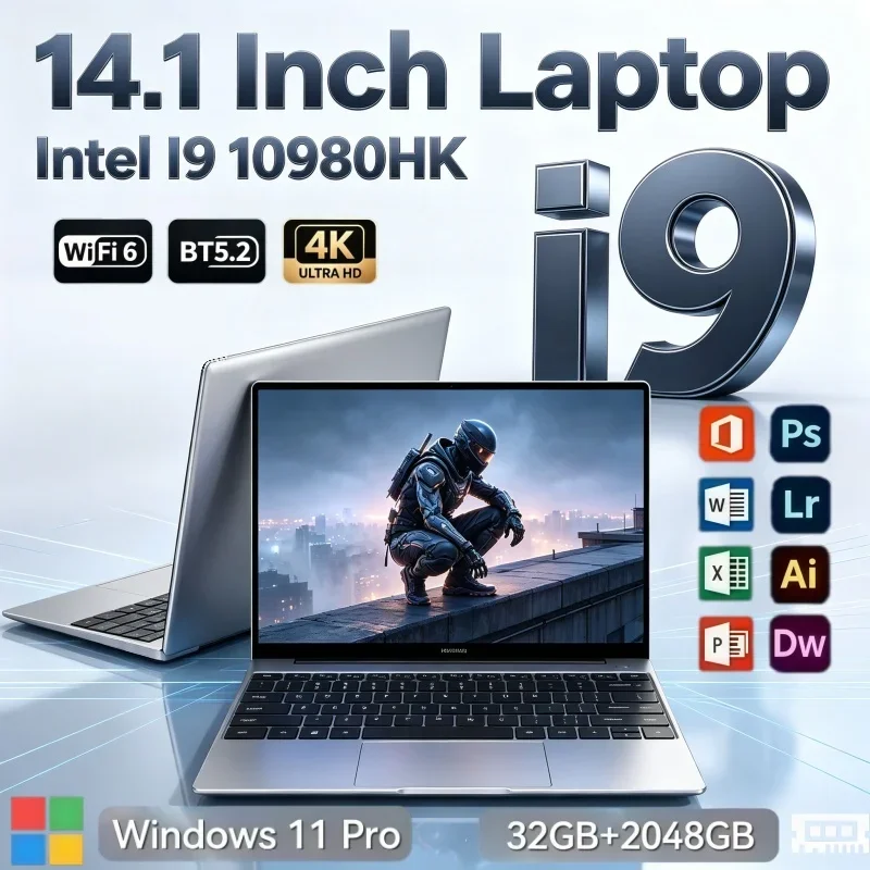 Intel Core I9 10980HK 14.1 Inch Lightweight Laptop 32GB RAM 2TB SSD Windows 11 Notebook for Student Learning & Viewing
