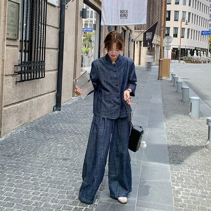 SuperAen moda Vintage Denim camisa de manga larga para mujer 2025 nuevos pantalones casuales de pierna ancha conjuntos de dos piezas