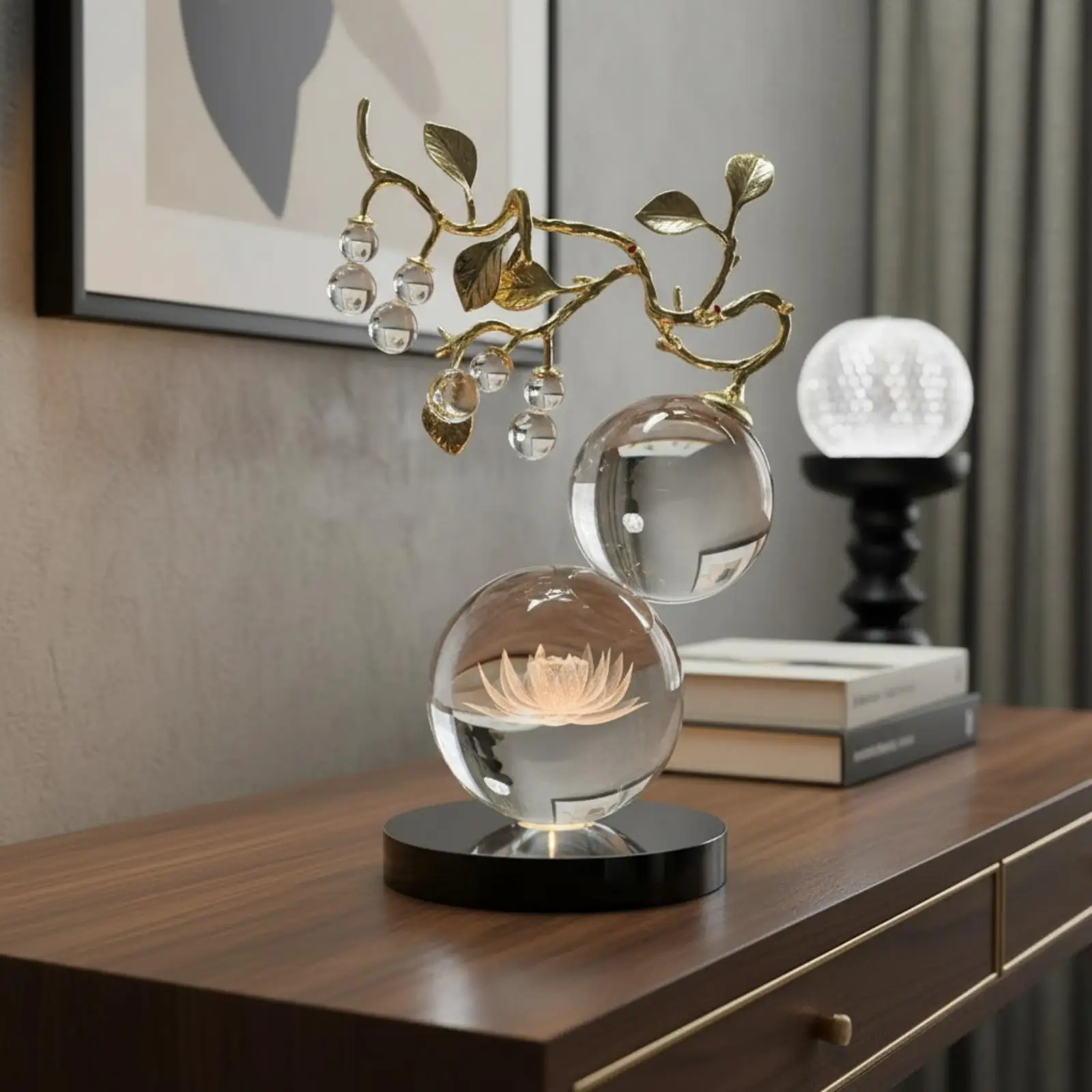 Lotus Gourd Crystal Sculpture for Tabletop Styling Living Room Decor with Gold Tone Branch Trim