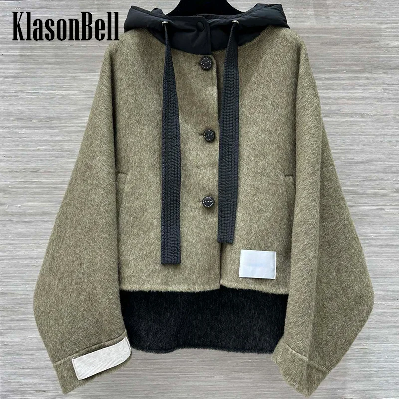 9.25 KlasonBell Women Double-Sided Wool Short Coat Vintage Down Hooded Spliced Woolen Loose Batwing Sleeve Cloak Outerwear