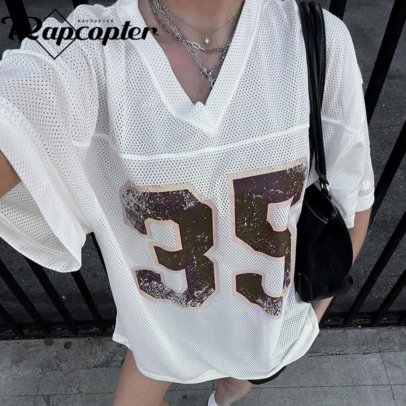 Rapcopter Digital Baggy T Shirt V Neck Holes Vintage Streetwear Pullovers Fashion Sporty Casual Tee Korean Harajuku 90s Clothes